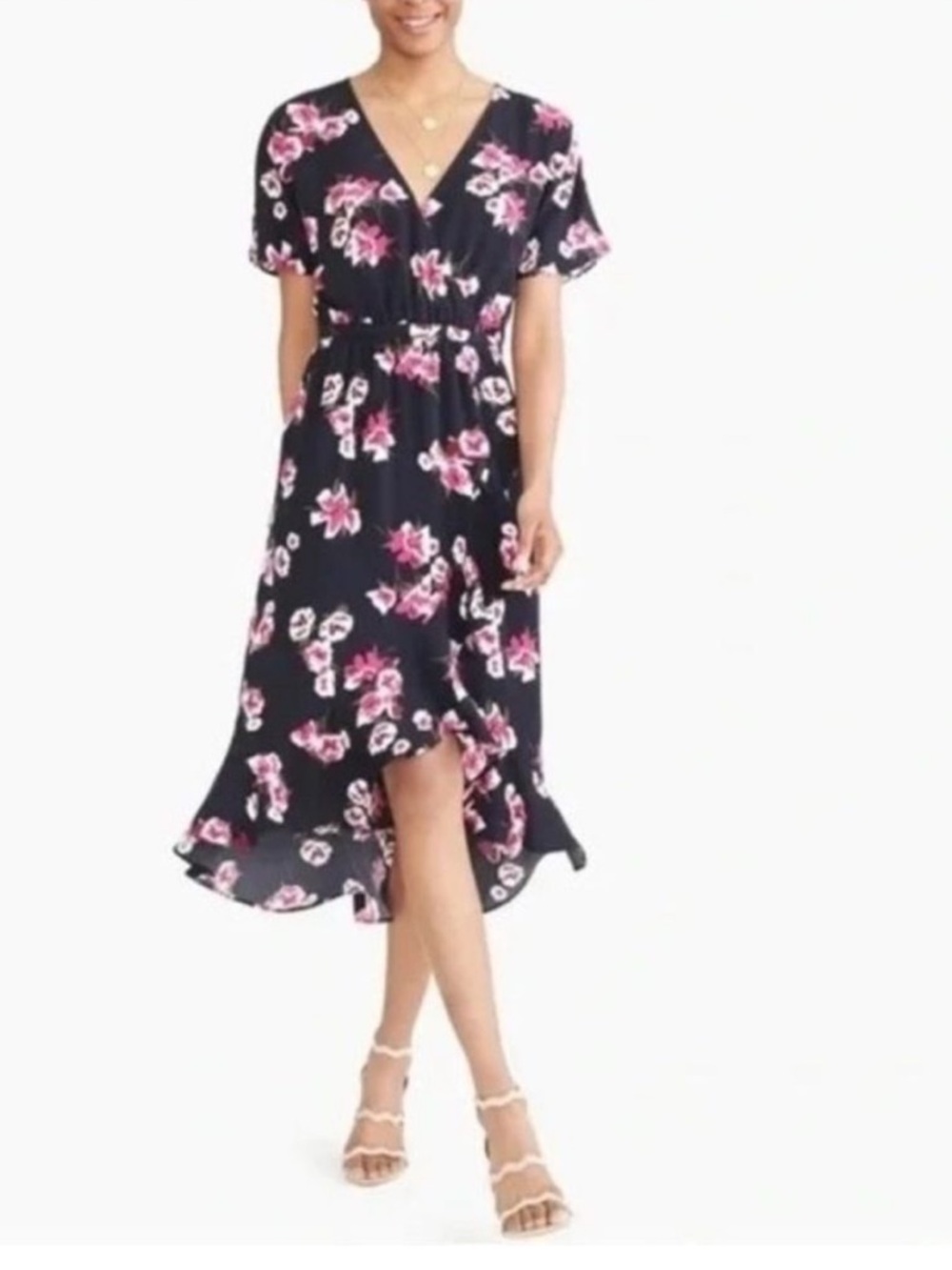 J. Crew Black Floral Faux Wrap Dress Size L